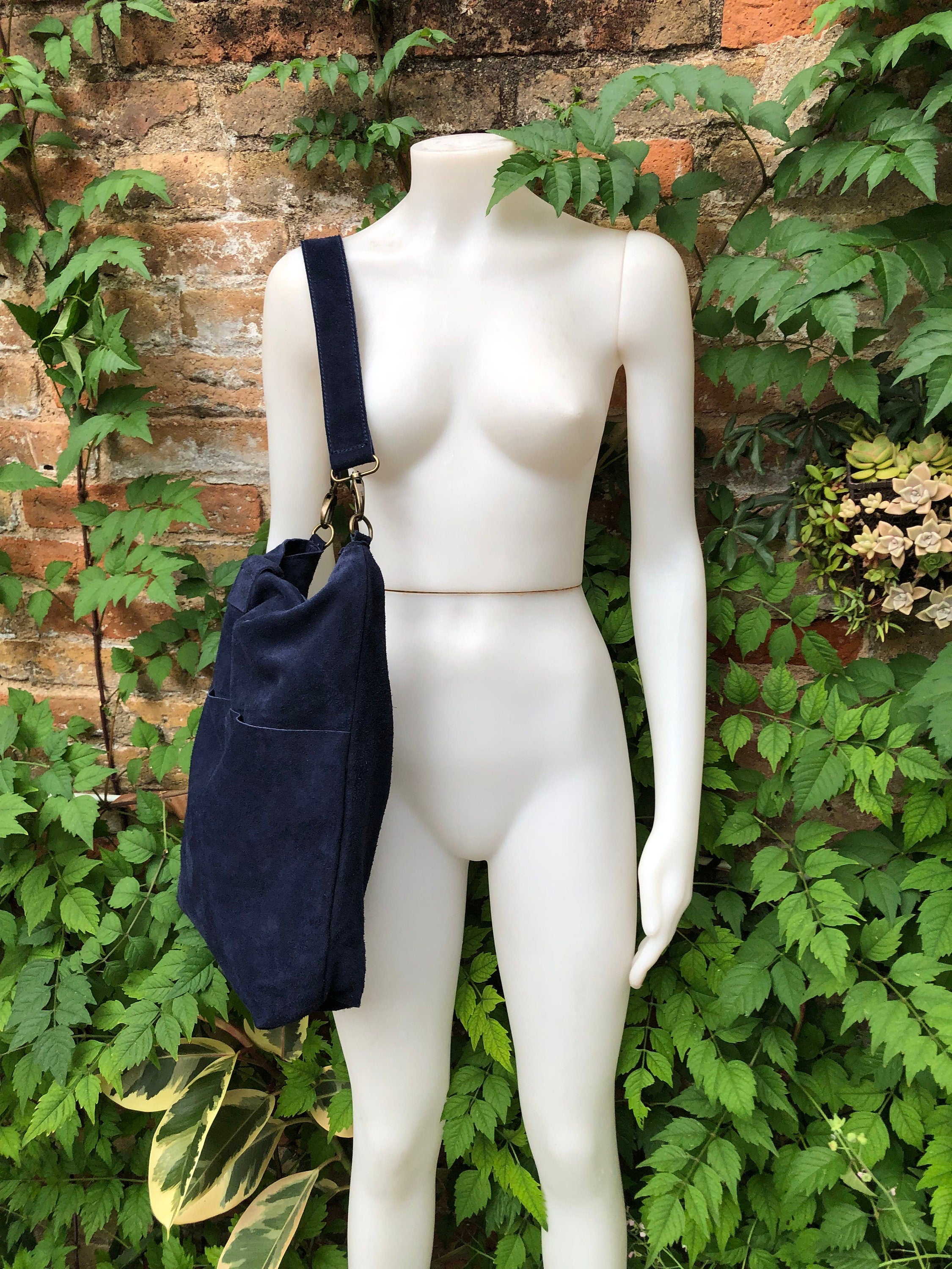 Navy blue leather tote. Large leather shopper, hand /shoulder straps. Dark blue suede bag, laptop bag. Handbag /shoulder suede bag