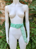 Aqua green leather waist belt with large round buckle. Seafoam boho soft genuine leather belt. Light green wide waist belt. Braided leather