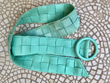 Aqua green leather waist belt with large round buckle. Seafoam boho soft genuine leather belt. Light green wide waist belt. Braided leather