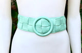 Aqua green leather waist belt with large round buckle. Seafoam boho soft genuine leather belt. Light green wide waist belt. Braided leather