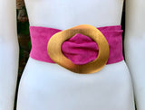 HOT PINK leather waist belt with large gold metal buckle. Soft leather belt in MAGENTA. Boho fuchsia pink genuine leather belt.