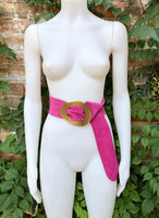 HOT PINK leather waist belt with large gold metal buckle. Soft leather belt in MAGENTA. Boho fuchsia pink genuine leather belt.