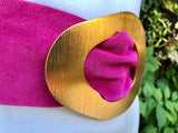 HOT PINK leather waist belt with large gold metal buckle. Soft leather belt in MAGENTA. Boho fuchsia pink genuine leather belt.