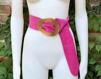 HOT PINK leather waist belt with large gold metal buckle. Soft leather belt in MAGENTA. Boho fuchsia pink genuine leather belt.