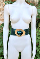 TEAL blue - green metallic leather waist belt with gold color large buckle. Boho glitter genuine soft leather belt. Blue wide dress belt