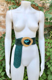 TEAL blue - green metallic leather waist belt with gold color large buckle. Boho glitter genuine soft leather belt. Blue wide dress belt