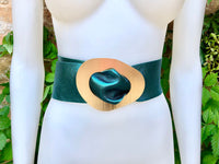 TEAL blue - green metallic leather waist belt with gold color large buckle. Boho glitter genuine soft leather belt. Blue wide dress belt