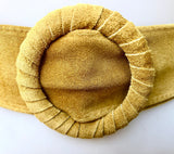 Yellow suede waist belt with large round buckle. Soft suede dress belt in mustard yellow. Boho wide suede belt.Genuine natural suede leather