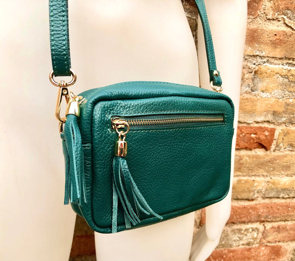 Small leather green bag. GENUINE leather shoulder or cross body bag. Dark green leather purse with tassels, adjustable strap and zipper