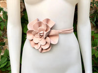 Flower leather belt in pink. Waist, overall or dress belt. Genuine leather. Pink rose belt. Large light pink flower.