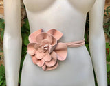 Flower leather belt in pink. Waist, overall or dress belt. Genuine leather. Pink rose belt. Large light pink flower.