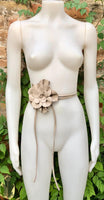 Flower leather belt in beige. Waist, overall or dress belt. Genuine leather. Beige rose belt. Large beige flower.