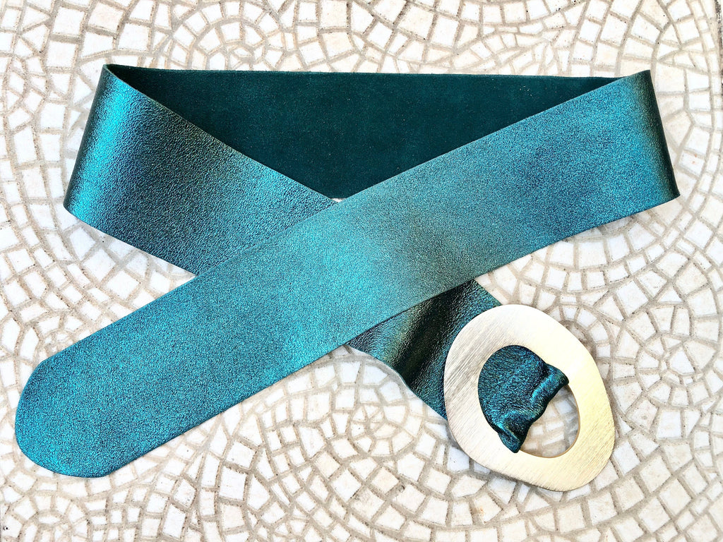 TEAL blue - green metallic leather waist belt with gold color large buckle. Boho glitter genuine soft leather belt. Blue wide dress belt