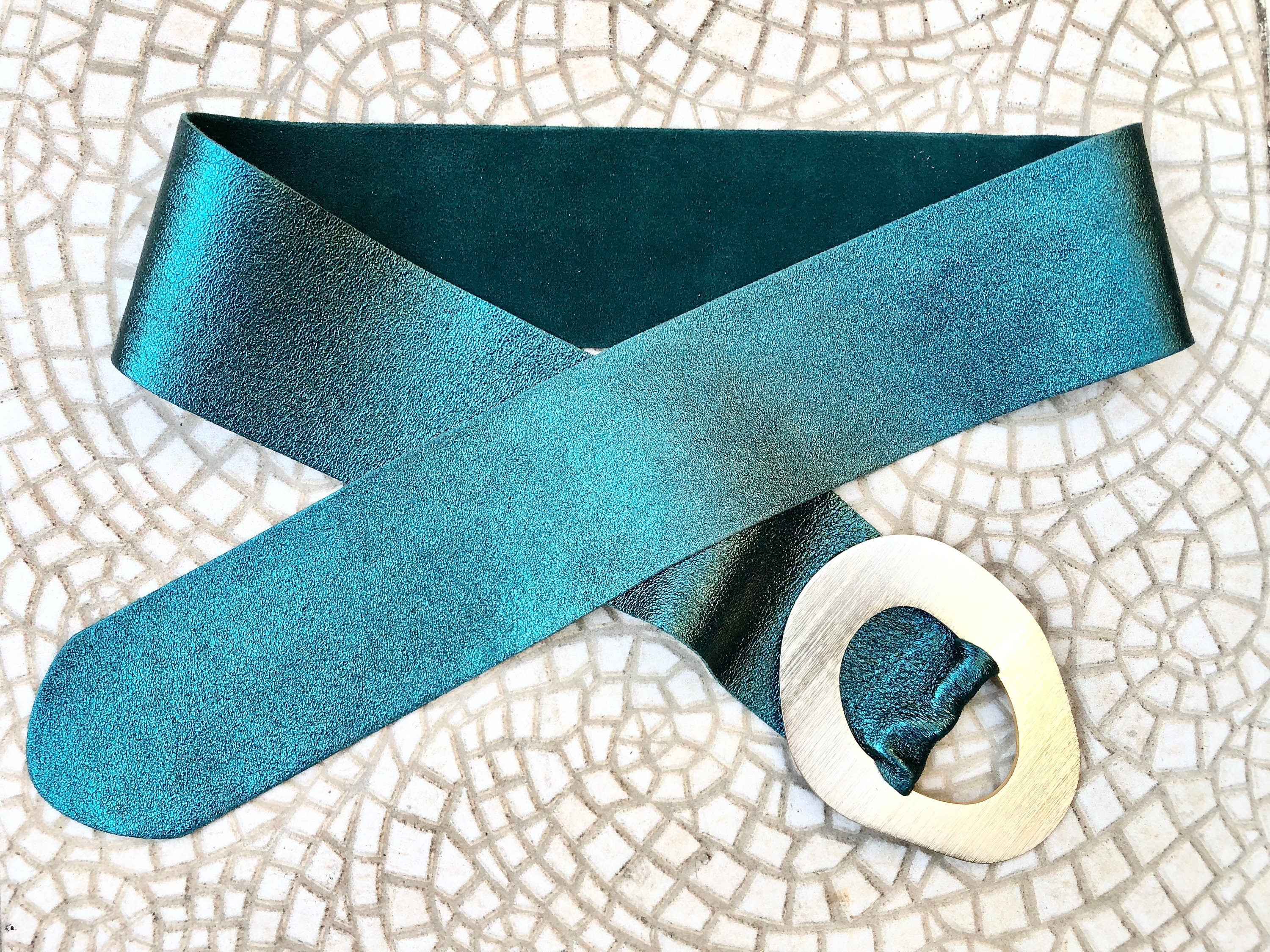 TEAL blue - green metallic leather waist belt with gold color large buckle. Boho glitter genuine soft leather belt. Blue wide dress belt