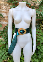 TEAL blue - green metallic leather waist belt with gold color large buckle. Boho glitter genuine soft leather belt. Blue wide dress belt