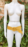 Yellow suede waist belt with large round buckle. Soft suede dress belt in mustard yellow. Boho wide suede belt.Genuine natural suede leather