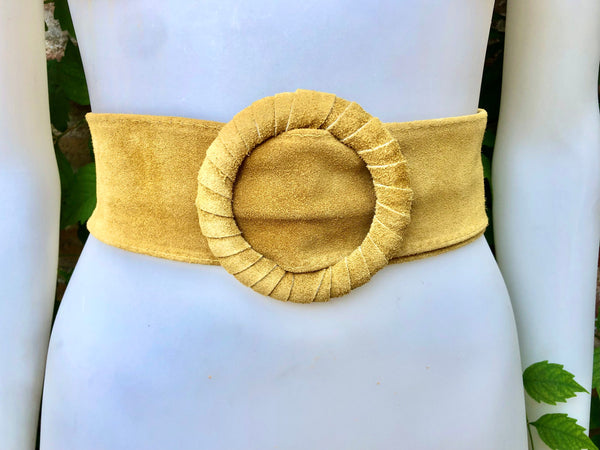 Yellow suede waist belt with large round buckle. Soft suede dress belt in mustard yellow. Boho wide suede belt.Genuine natural suede leather