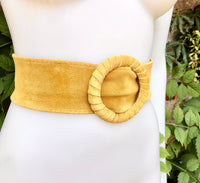 Yellow suede waist belt with large round buckle. Soft suede dress belt in mustard yellow. Boho wide suede belt.Genuine natural suede leather