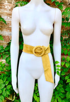 Yellow suede waist belt with large round buckle. Soft suede dress belt in mustard yellow. Boho wide suede belt.Genuine natural suede leather