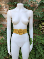 Yellow suede waist belt with large round buckle. Soft suede dress belt in mustard yellow. Boho wide suede belt.Genuine natural suede leather