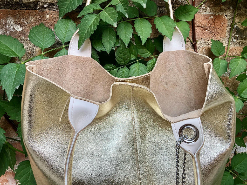 Shoulder leather bag in GOLD. GENUINE leather shopper bag. Large carry all bag for your laptop, books. Metallic effect golden leather purse