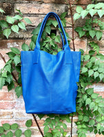 Tote leather bag in COBALT blue. Leather shopper in GENUINE leather. Large carry all bag for your laptop, books.BLUE leather shopper bag