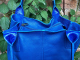 Tote leather bag in COBALT blue. Leather shopper in GENUINE leather. Large carry all bag for your laptop, books.BLUE leather shopper bag