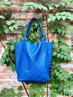 Tote leather bag in COBALT blue. Leather shopper in GENUINE leather. Large carry all bag for your laptop, books.BLUE leather shopper bag