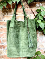 Moss GREEN leather shopper bag in genuine natural suede. Slouchy green carry all tote bag for laptop, tablet, books. Green suede purse