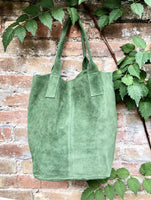 Moss GREEN leather shopper bag in genuine natural suede. Slouchy green carry all tote bag for laptop, tablet, books. Green suede purse