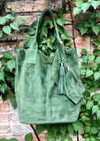 Moss GREEN leather shopper bag in genuine natural suede. Slouchy green carry all tote bag for laptop, tablet, books. Green suede purse