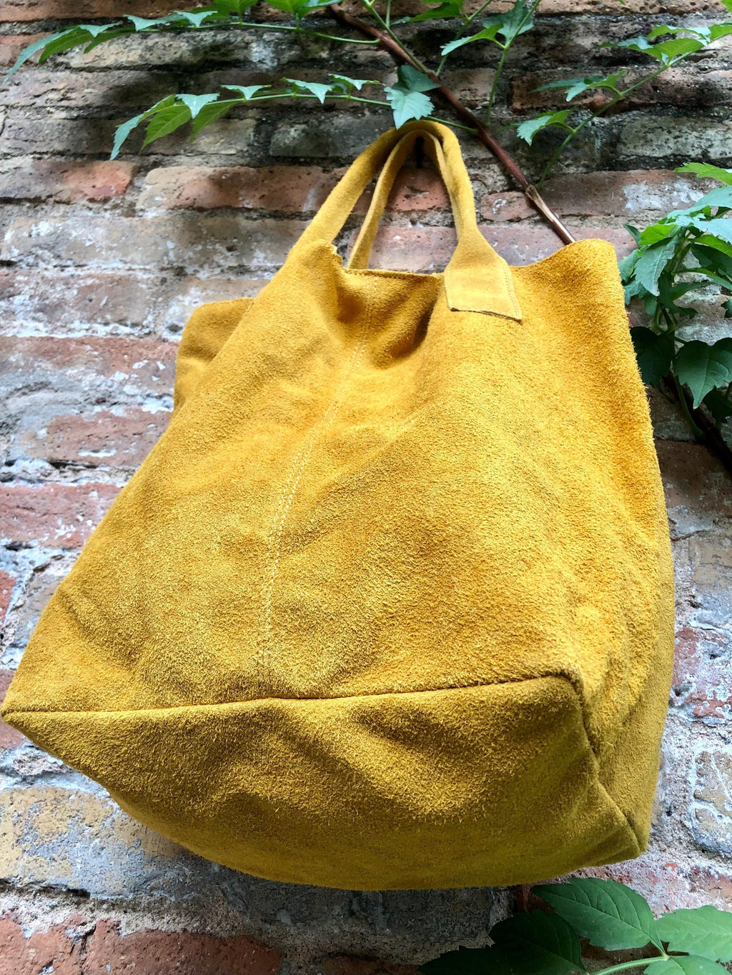 Mustard yellow leather shopper bag in genuine suede. Slouchy yellow carry all tote bag for laptops, tablets, books. Mustard leather purse