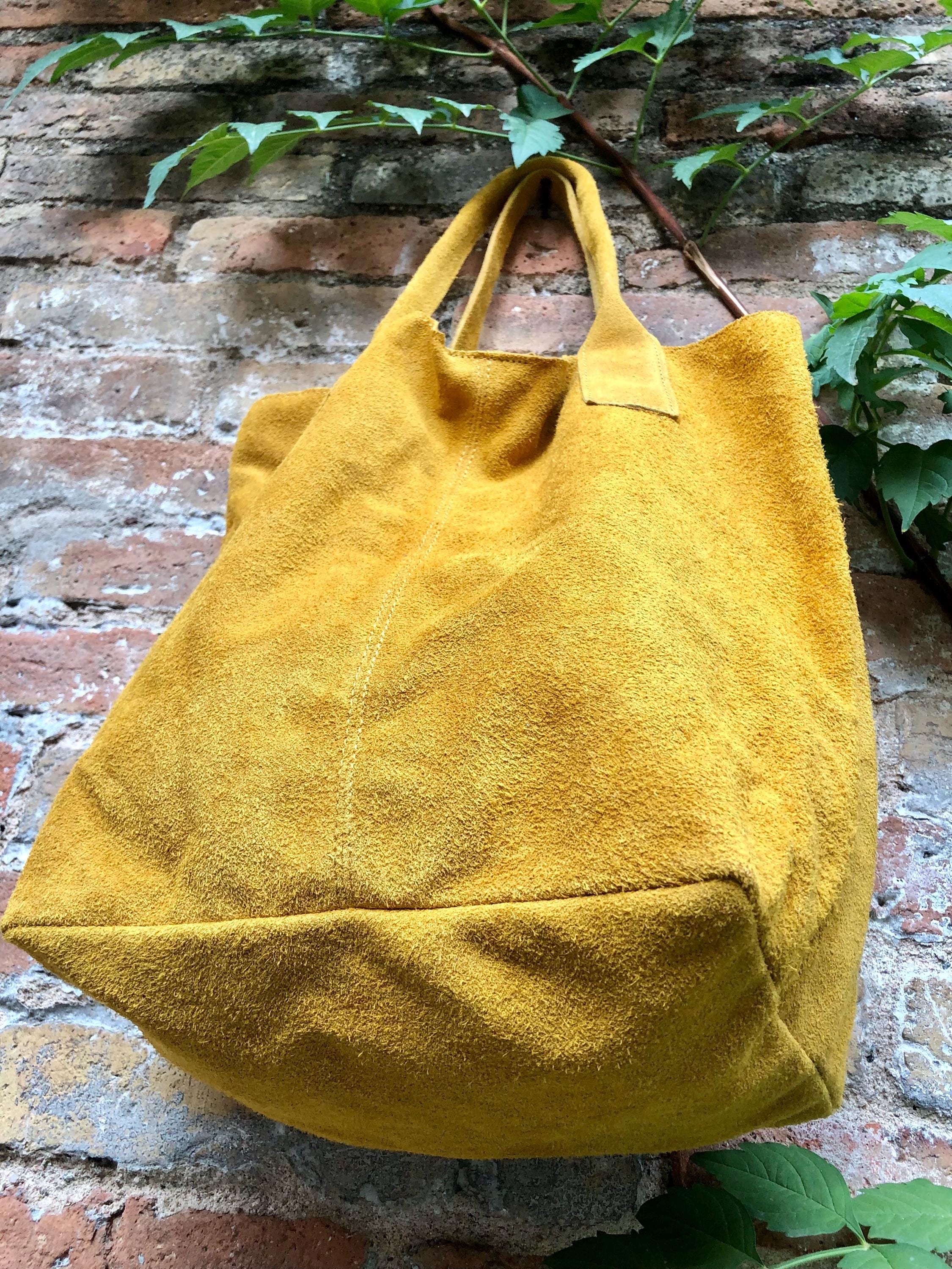 Mustard yellow leather shopper bag in genuine suede. Slouchy yellow carry all tote bag for laptops, tablets, books. Mustard leather purse
