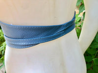 Blue - gray leather waist belt. Wide wrap belt in BLUE. Genuine leather. Denim blue leather obi belt. Blue wraparound belt