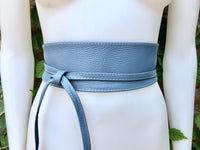 Blue - gray leather waist belt. Wide wrap belt in BLUE. Genuine leather. Denim blue leather obi belt. Blue wraparound belt