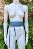 Blue - gray leather waist belt. Wide wrap belt in BLUE. Genuine leather. Denim blue leather obi belt. Blue wraparound belt