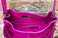 FUCHSIA crossbody fringed bag. Hot pink BOHO suede leather bag with FRINGES. Magenta soft genuine suede leather. Hot pink suede purse.