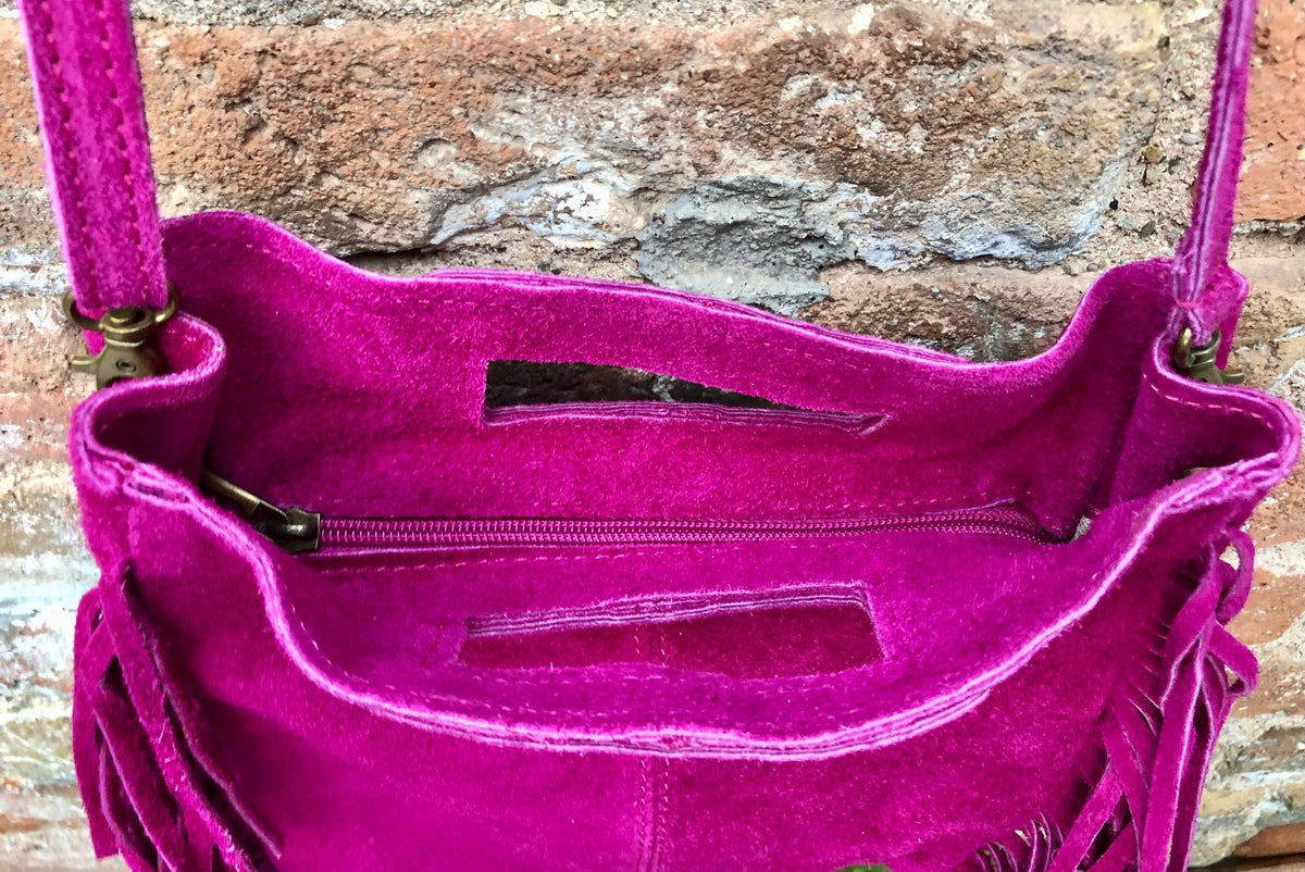 FUCHSIA crossbody fringed bag. Larger style. Hot pink BOHO suede leather bag with FRINGES. Magenta soft genuine suede. Hot pink suede purse.