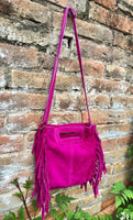 FUCHSIA crossbody fringed bag. Hot pink BOHO suede leather bag with FRINGES. Magenta soft genuine suede leather. Hot pink suede purse.