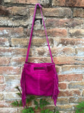 FUCHSIA crossbody fringed bag. Hot pink BOHO suede leather bag with FRINGES. Magenta soft genuine suede leather. Hot pink suede purse.