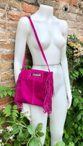FUCHSIA crossbody fringed bag. Hot pink BOHO suede leather bag with FRINGES. Magenta soft genuine suede leather. Hot pink suede purse.