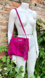 FUCHSIA crossbody fringed bag. Hot pink BOHO suede leather bag with FRINGES. Magenta soft genuine suede leather. Hot pink suede purse.