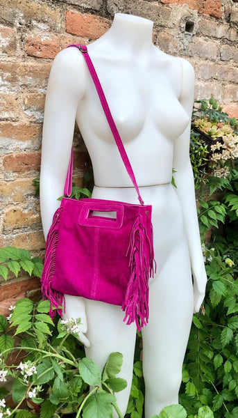 FUCHSIA crossbody fringed bag. Hot pink BOHO suede leather bag with FRINGES. Magenta soft genuine suede leather. Hot pink suede purse.