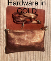 Small leather bag in COPPER. Cross body bag, shoulder bag in GENUINE leather. Metallic shine bag with adjustable strap, zipper and flap.