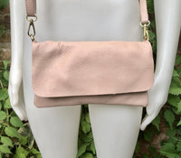 Small light dusty pink bag. Pink crossbody/ shoulder bag in GENUINE leather. Adjustable strap , zipper + flap. Light dusty pink purse