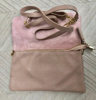 Small light dusty pink bag. Pink crossbody/ shoulder bag in GENUINE leather. Adjustable strap , zipper + flap. Light dusty pink purse