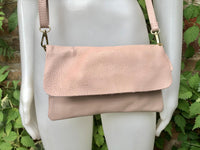 Small light dusty pink bag. Pink crossbody/ shoulder bag in GENUINE leather. Adjustable strap , zipper + flap. Light dusty pink purse