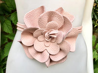 Flower leather belt in pink. Waist, overall or dress belt. Genuine leather. Pink rose belt. Large light pink flower.