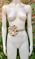 Flower leather belt in beige. Waist, overall or dress belt. Genuine leather. Beige rose belt. Large beige flower.