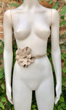 Flower leather belt in beige. Waist, overall or dress belt. Genuine leather. Beige rose belt. Large beige flower.